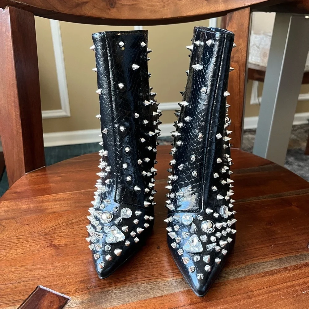 Steve Madden Viceroy Embellished Black Stiletto Heel Ankle Boots - Picture 5 of 12